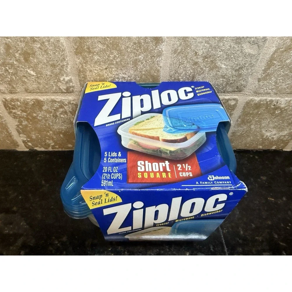 Vintage 2001 Ziploc Snap'n Seal Small Square 2 1/2‎ Cups 5 Containers Microwave